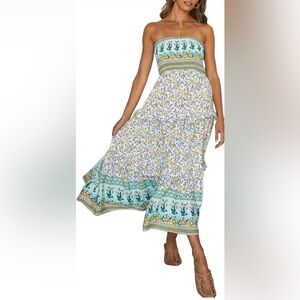ZESICA Women's 2024 Summer Bohemian Floral Printed Strapless Maxi Dress